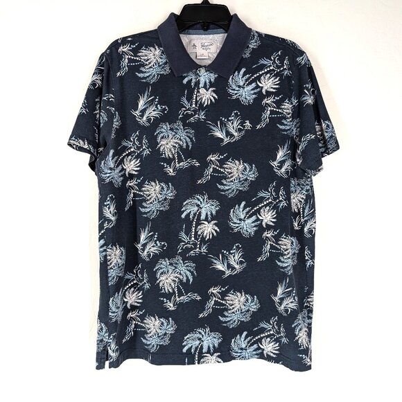 PENGUIN By Munsingwear Polo Men's Blue White Aloha Palm Tree Lightweight‎ Shirt - Picture 1 of 13